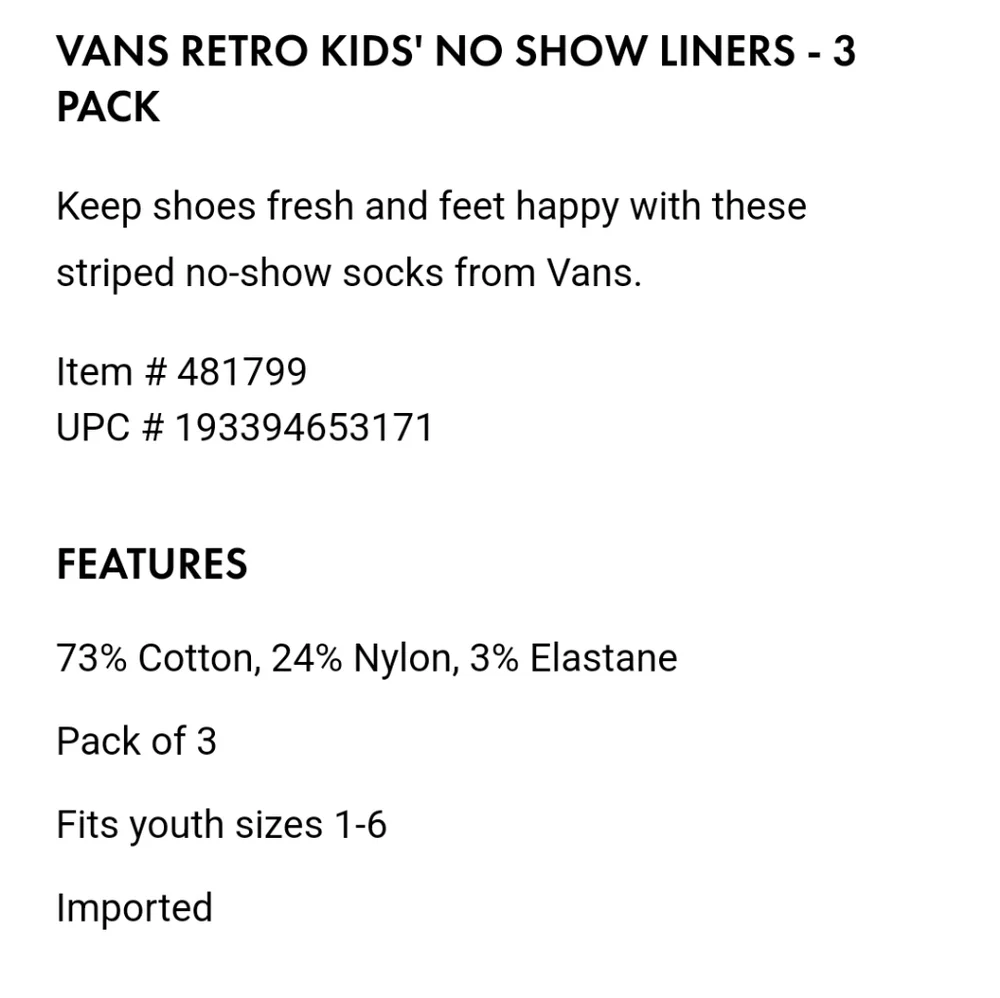 NWT Girl's Vans Retro 3 Pack No Show Liners